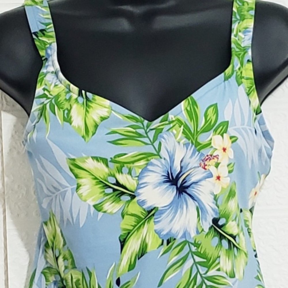 Jantzen Blue Hibiscus and Palm Fronds Floral Tankini Top Size 8